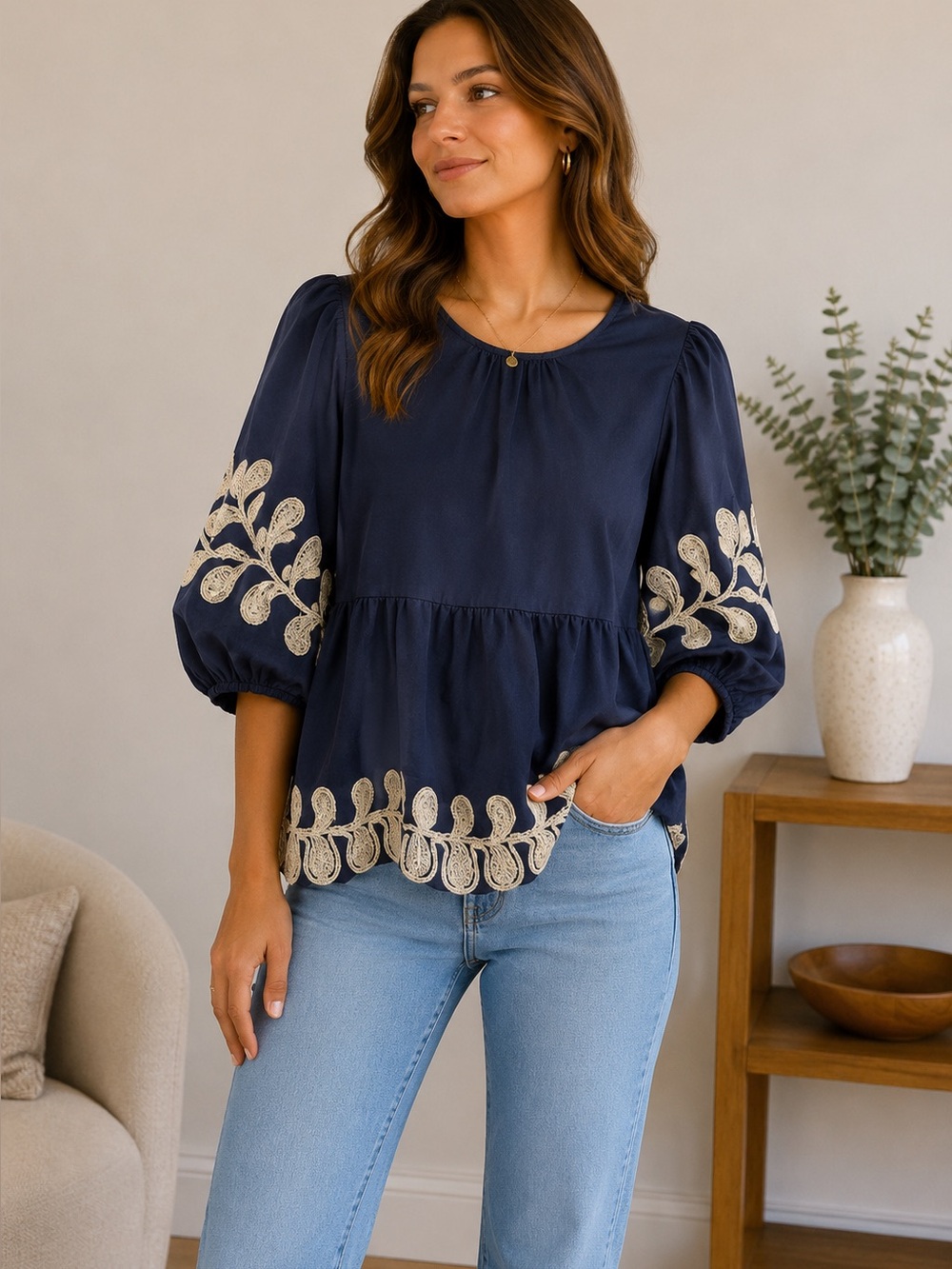 She+Sky navy embroidered blouse, featuring a tiered design & bubble sleeves Sz L
